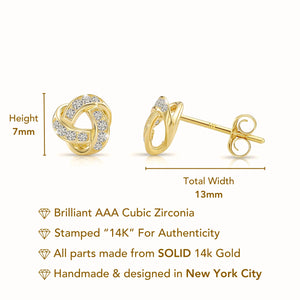 Solid 14K Gold Brilliant CZ Love Knot Twist Studs, 7Mm, with Pushbacks