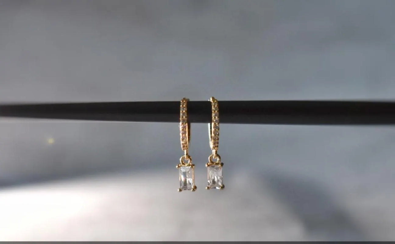 Gold Baguette Earrings, Baguette Dangle Hoops, Emerald Cut Dangle Earrings, Silver Diamond Simulant Huggie Earrings, Crystal Drop Earrings