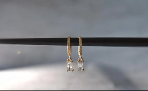 Gold Baguette Earrings, Baguette Dangle Hoops, Emerald Cut Dangle Earrings, Silver Diamond Simulant Huggie Earrings, Crystal Drop Earrings