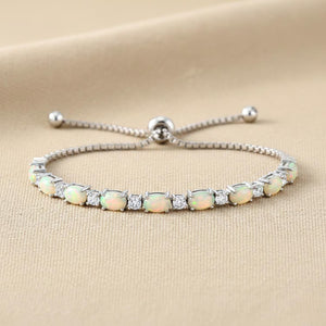 Sterling Silver Fire Opal Bracelet with Brilliant Cubic Zirconia Stones, Adjustable Simulated Opal Bracelet, 6-9 Inch, by TILO Jewelry