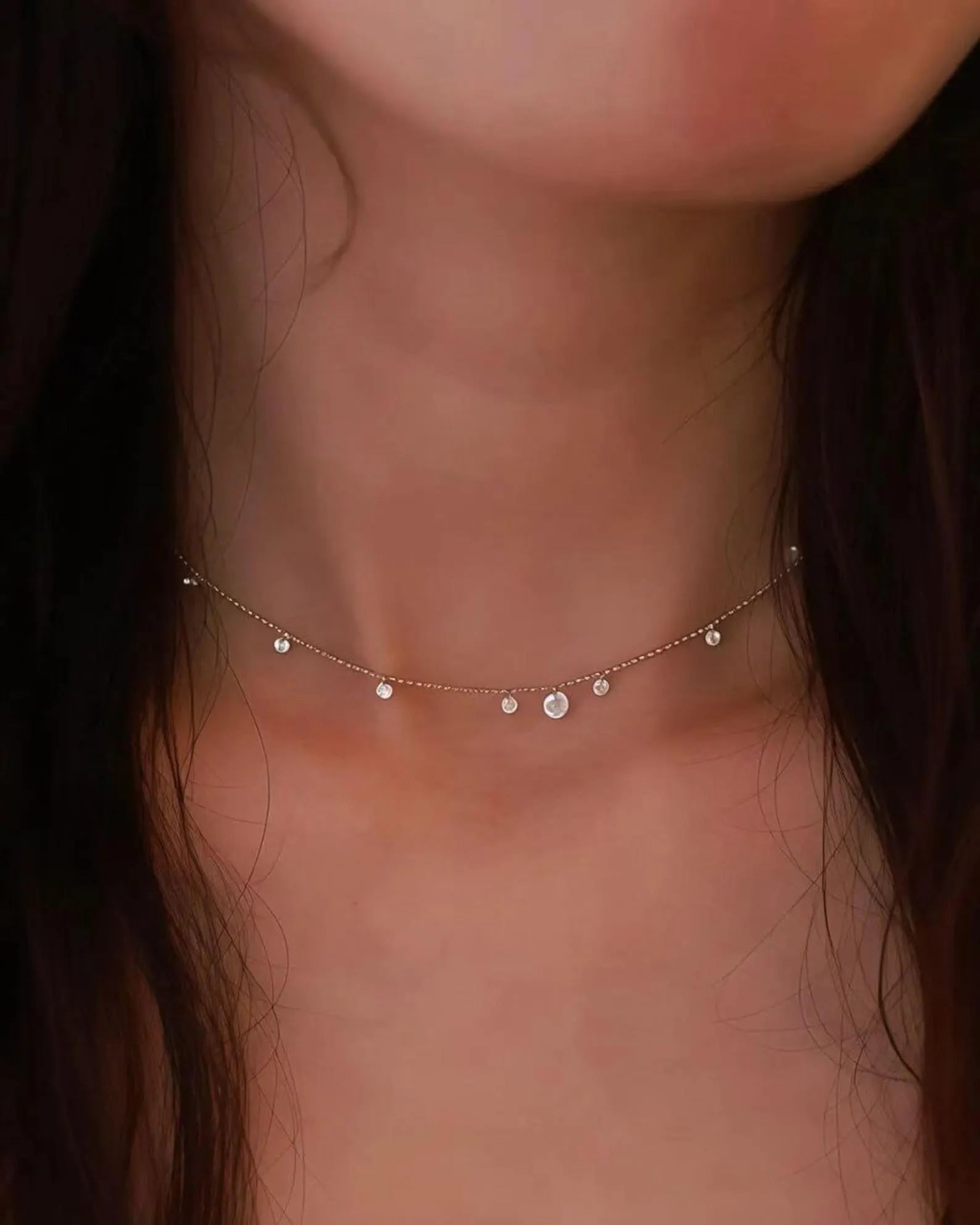 18K Solid Gold Diamond Station Necklace, Dainty Dangling Diamond Necklace, Minimal Drop Necklace, Everyday Wear Fine Jewelry Gift for Women.