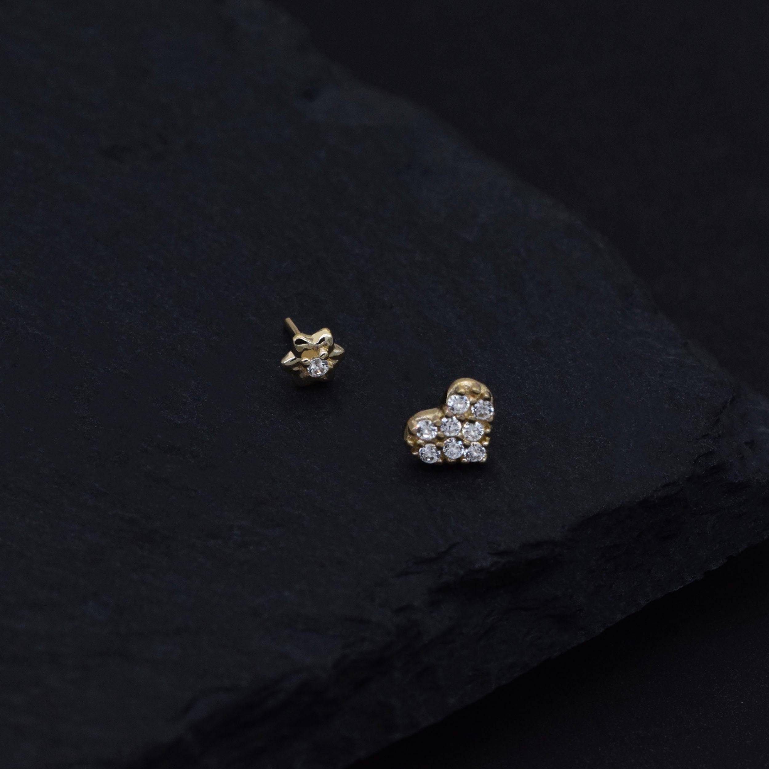 Dainty 14K Solid Gold Tiny Heart & Flower Flat Back Stud Earrings for Cartilage, Conch, Helix & Tragus.