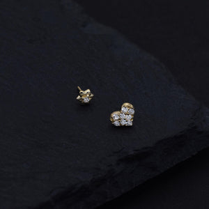 Dainty 14K Solid Gold Tiny Heart & Flower Flat Back Stud Earrings for Cartilage, Conch, Helix & Tragus.
