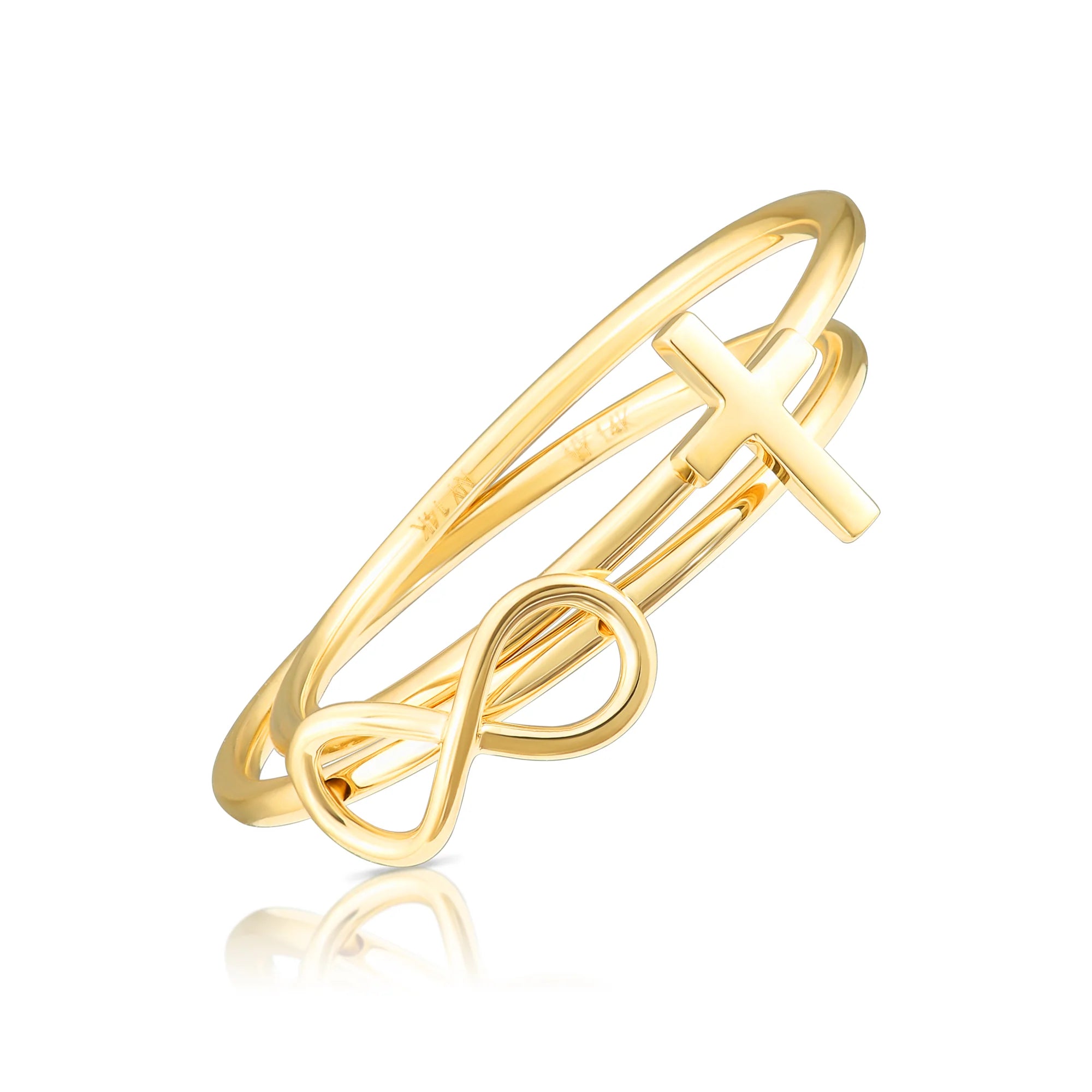 14K Gold Infinity Cross Ring, Stackable Religious Ring 2 Piece Set