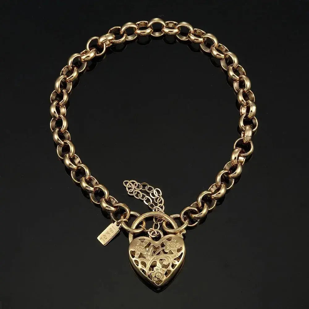 18K Solid Yellow Gold Belcher Bracelet with Filigree Heart Padlock – Elegant Women’s Jewelry.