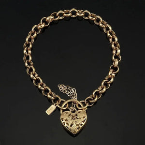 18K Solid Yellow Gold Belcher Bracelet with Filigree Heart Padlock – Elegant Women’s Jewelry.