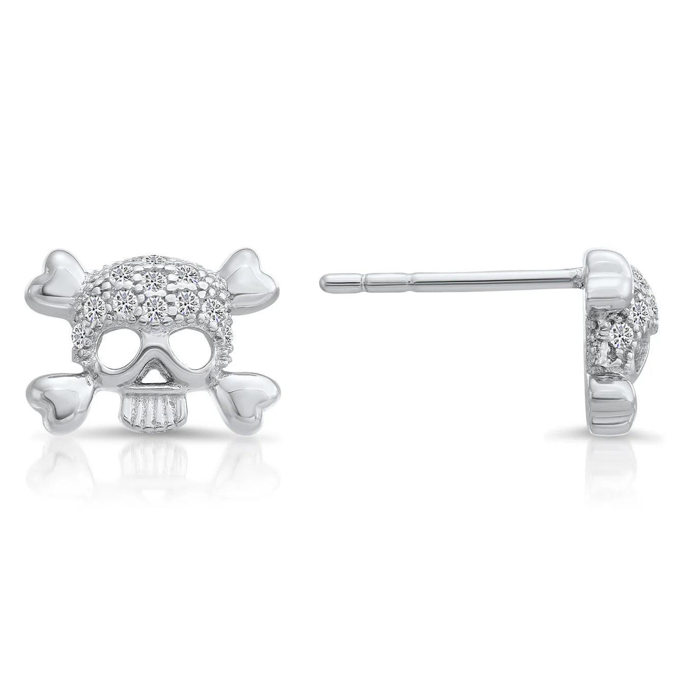 Dazzling CZ Sterling Silver Skull and Bones Stud Earrings.