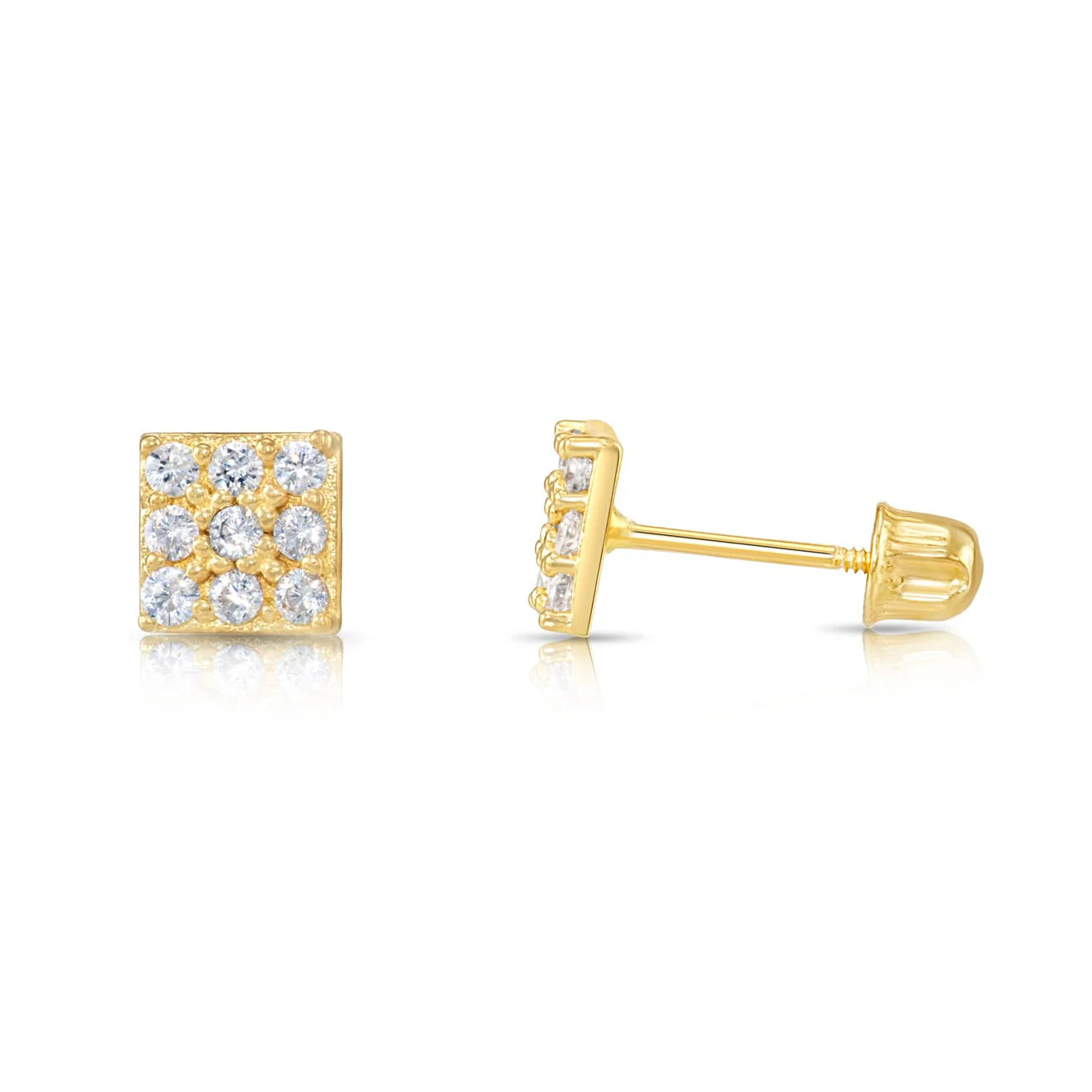 14K Gold Square CZ Stud Earrings, Screwback