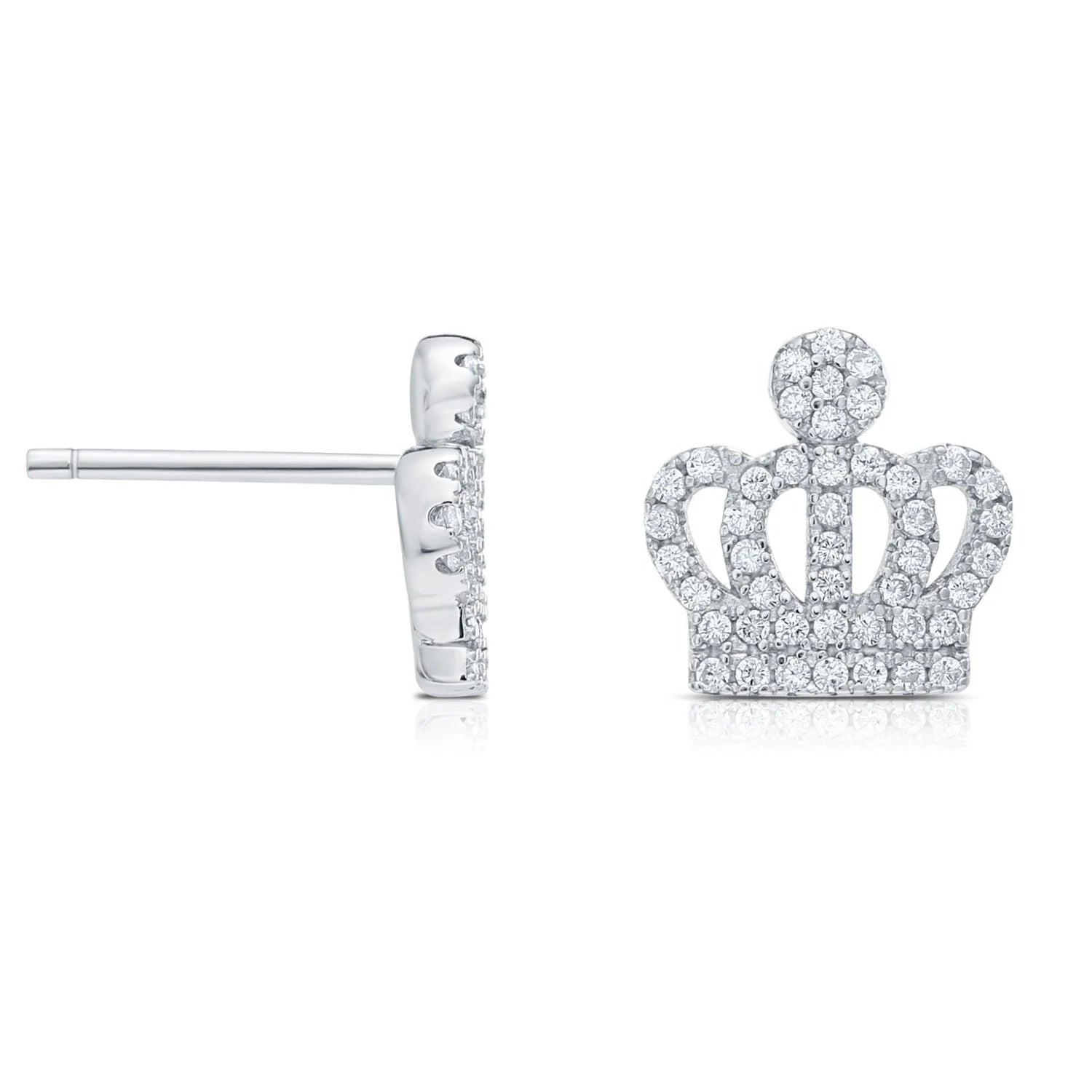 Elegant CZ Royal Crown Sterling Silver Stud Earrings.