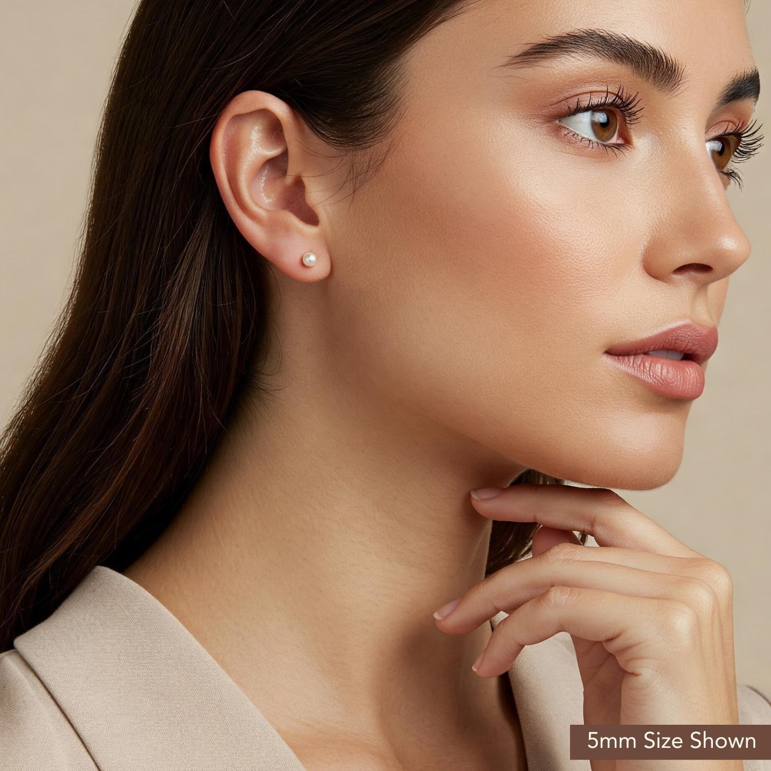 Lustrous 14K Gold Round White Freshwater Pearl Bridal Stud Earrings - Classic Gift for Her in 5mm, 6mm, 6.5mm, & 7mm.