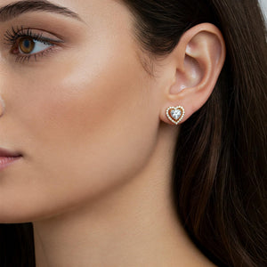 14K Yellow Gold Heart Halo CZ Stud Earrings, with Secure Butterfly Push-Backs, Solid 14K Gold Dainty Heart Studs, by TILO Jewelry