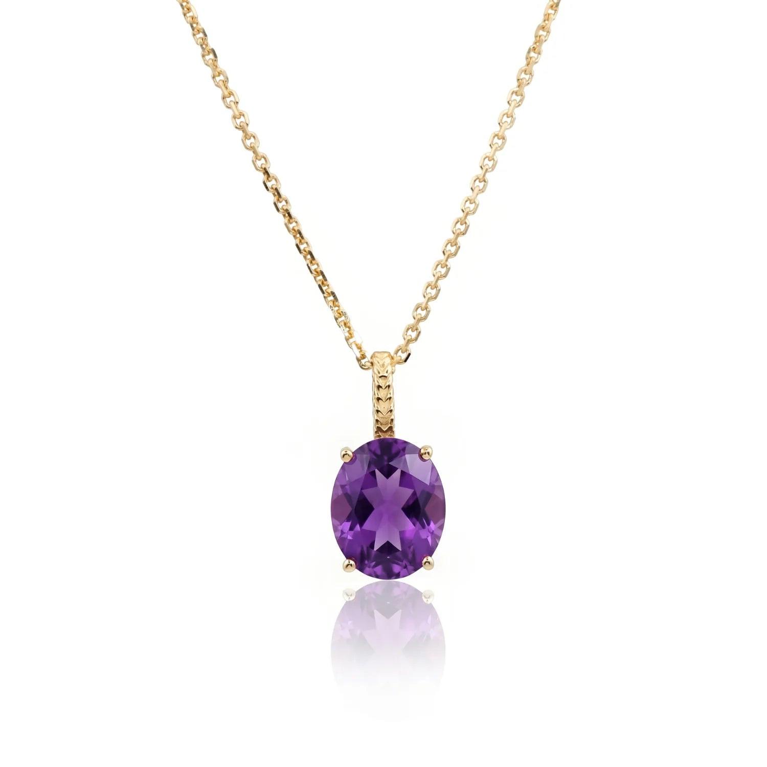Elegant 14K Yellow Gold Oval Purple Amethyst Pendant Necklace.