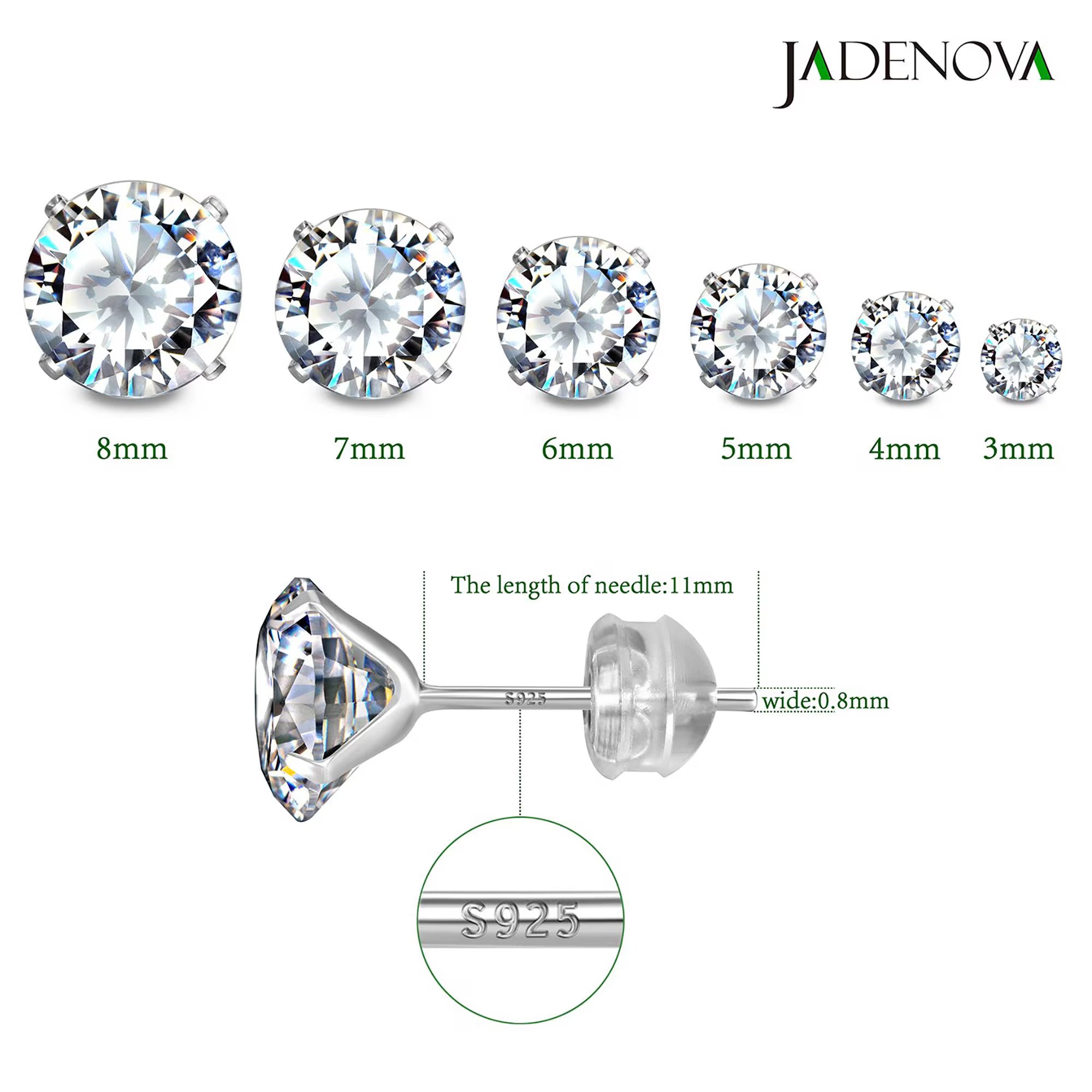 925 Sterling Silver Clear round Cubic Zirconia Stud Earrings 4 Prong Setting 3Mm 4Mm 5Mm 6Mm 7Mm 8Mm Tiny Large CZ Earrings