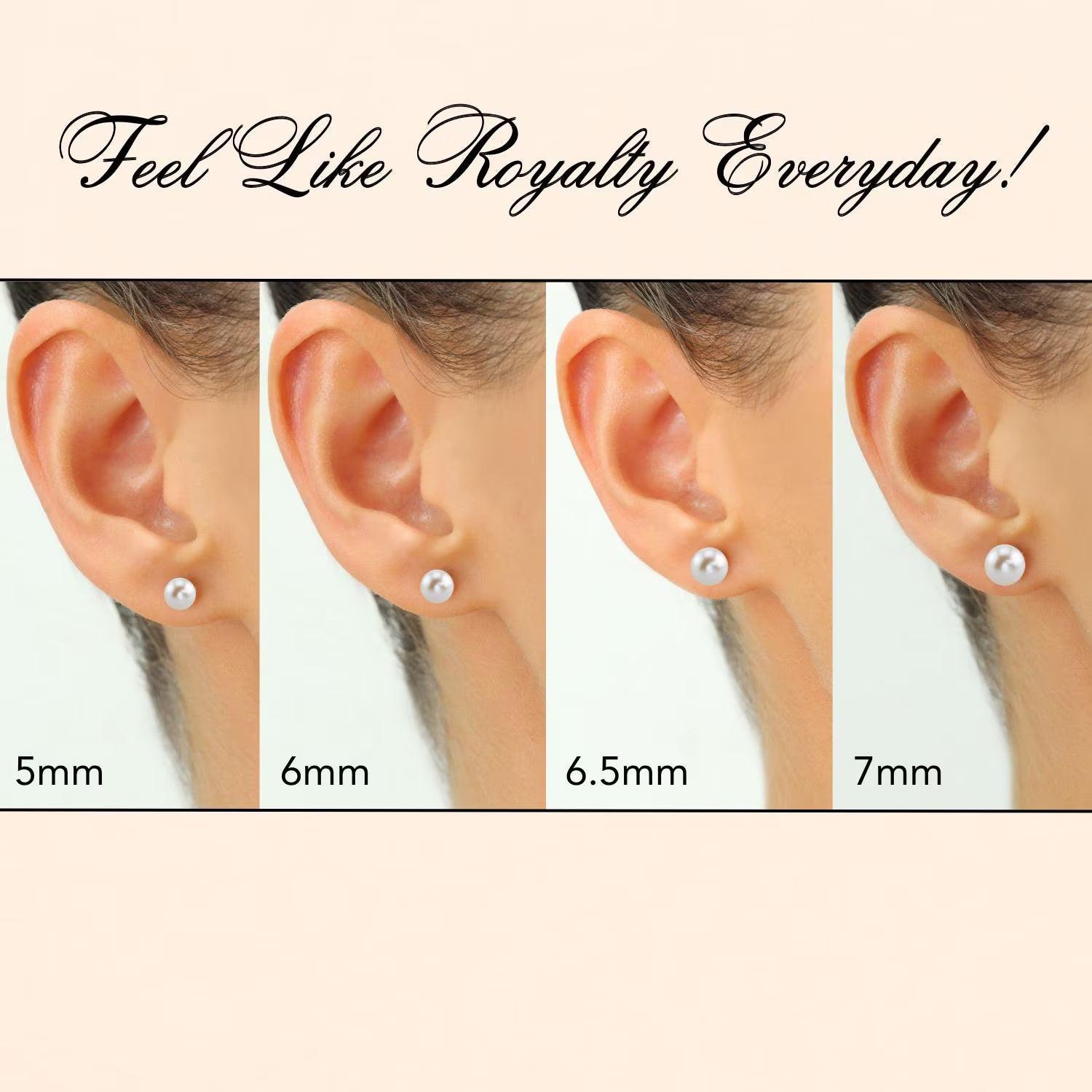 Lustrous 14K Gold Round White Freshwater Pearl Bridal Stud Earrings - Classic Gift for Her in 5mm, 6mm, 6.5mm, & 7mm.