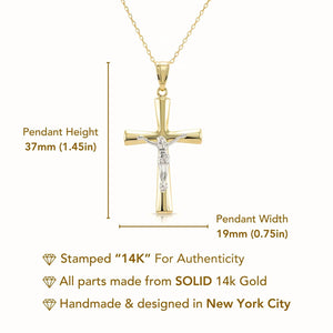 Stunning 14K Two-Tone Gold Jesus Crucifix Pendant Necklace with 18" Cable Chain.