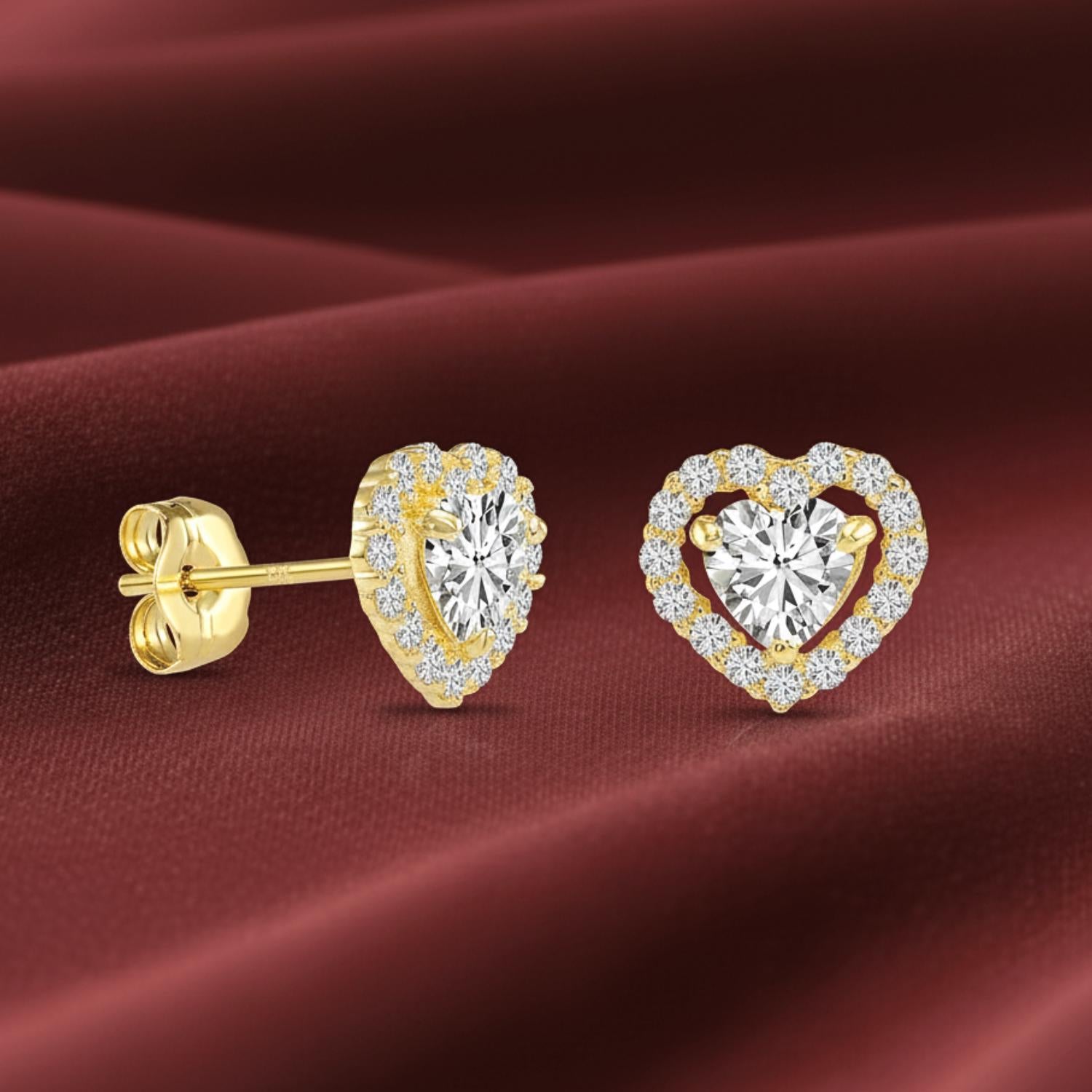 14K Yellow Gold Heart Halo CZ Stud Earrings, with Secure Butterfly Push-Backs, Solid 14K Gold Dainty Heart Studs, by TILO Jewelry