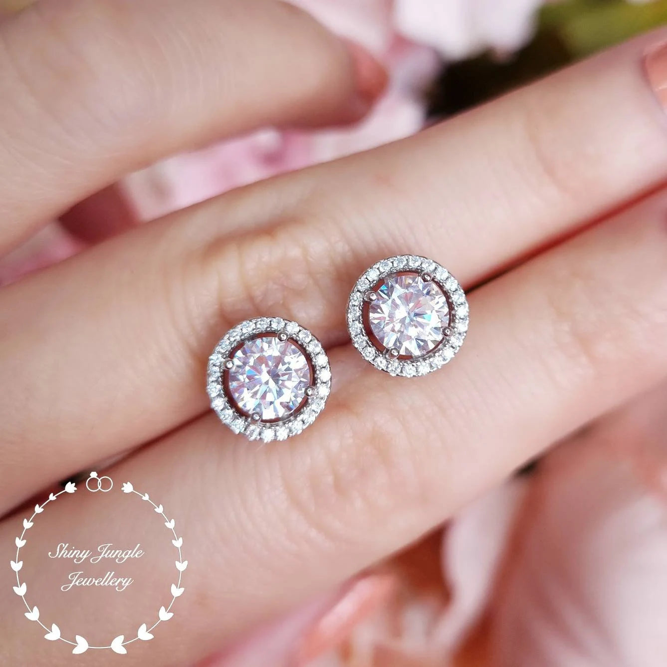 Diamond Stud Earrings, Delicate Halo Diamond Simulant Studs, 14K White Gold and Rose Gold Plated Sterling Silver, Birthday Gift with Box
