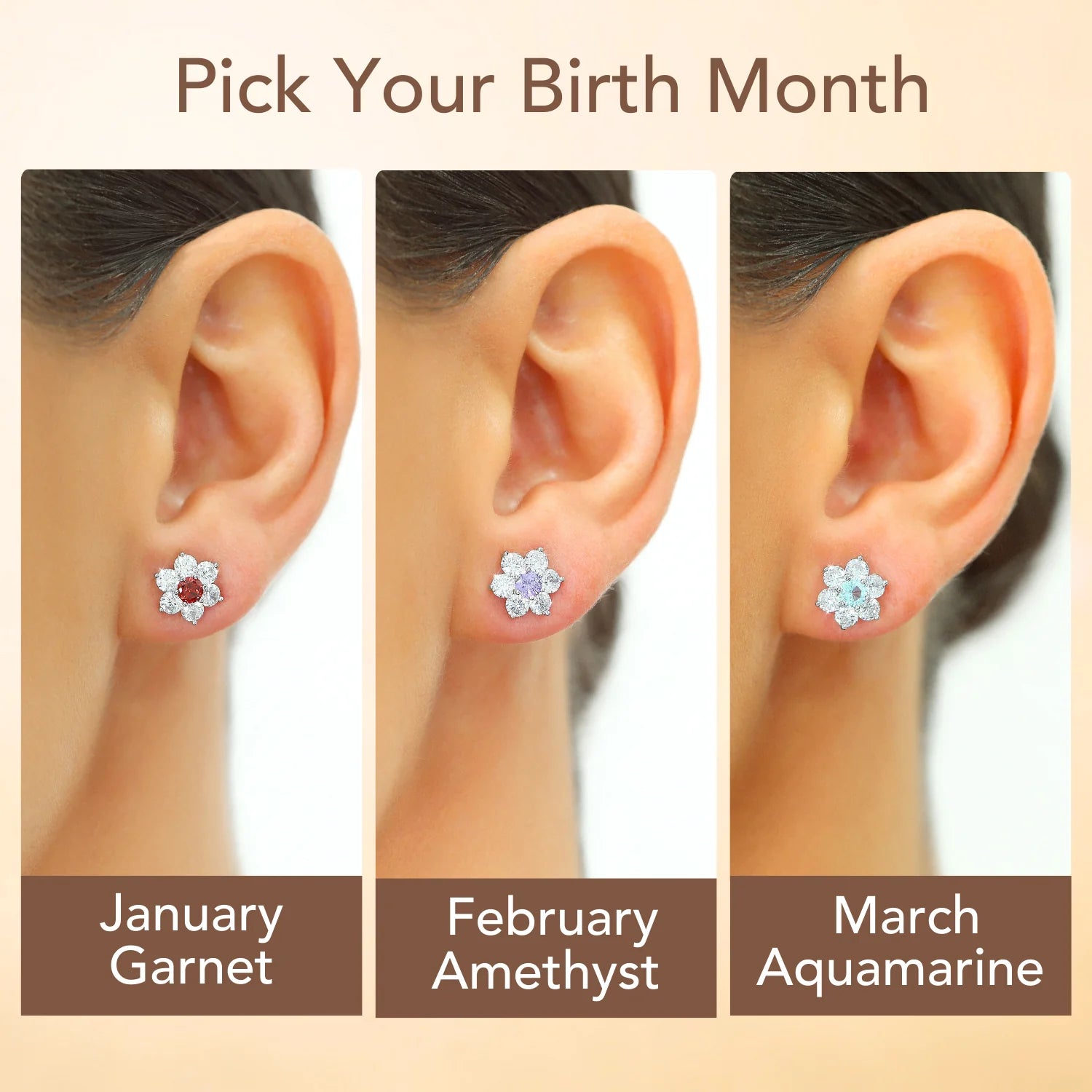 Sterling Silver Gold Plated Flower Birthstone CZ Stud Earrings, 12 Colors Available
