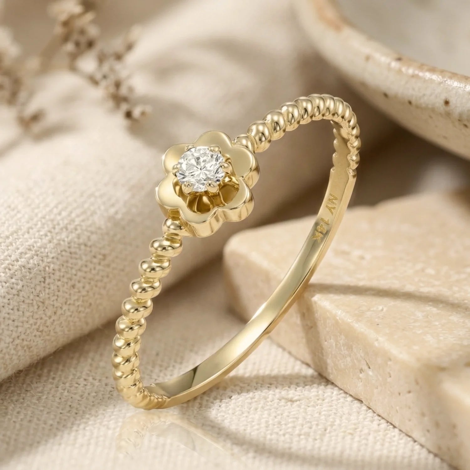 14K Yellow Gold Lab Diamond Flower Ring, 0.07Ctw