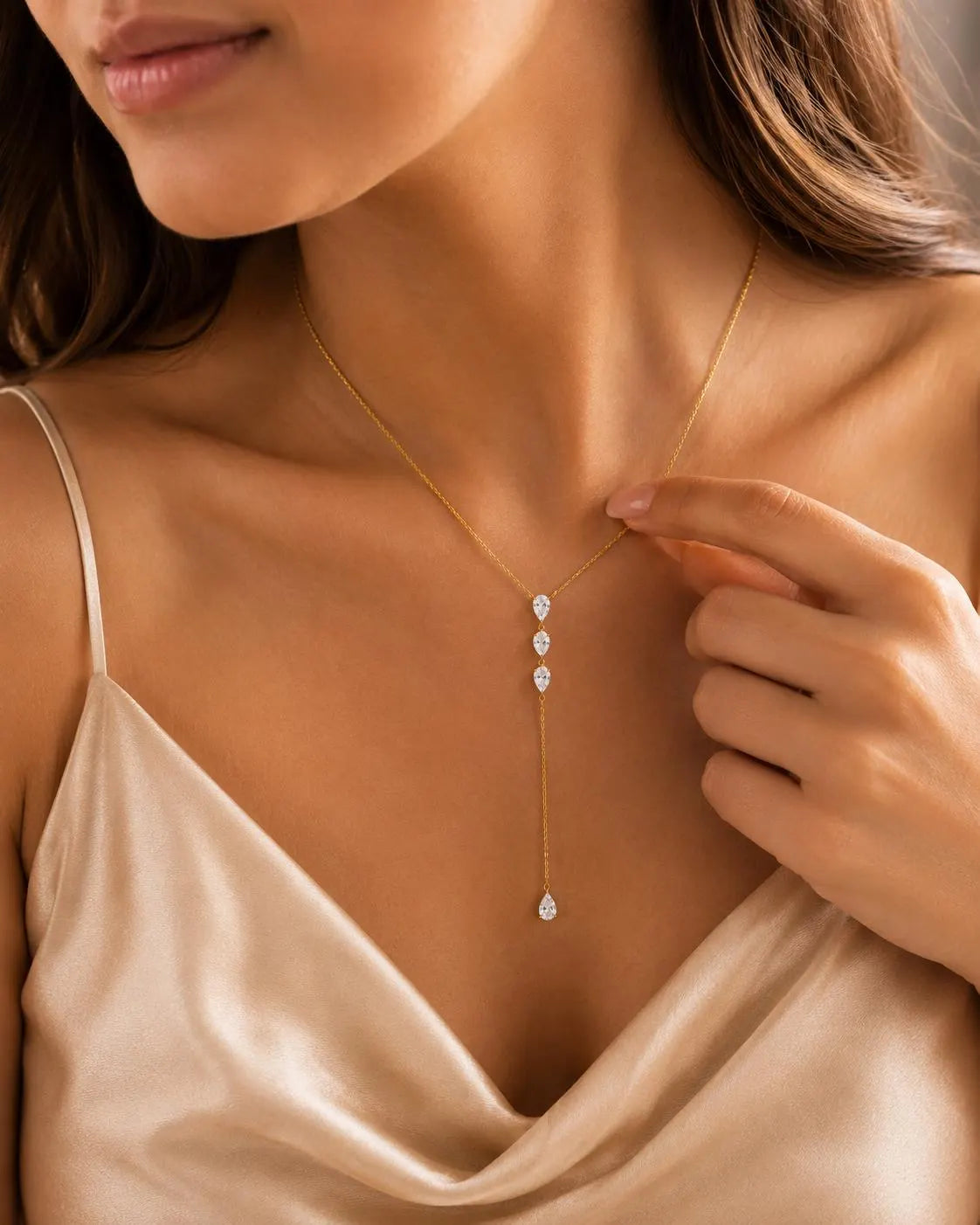 14K Solid Gold 4 Pear Diamond Lariat Necklace, Minimalist Y Drop Necklace, Teardrop Dainty Diamond Jewellery, Gift for Her, DANGLING CARAT