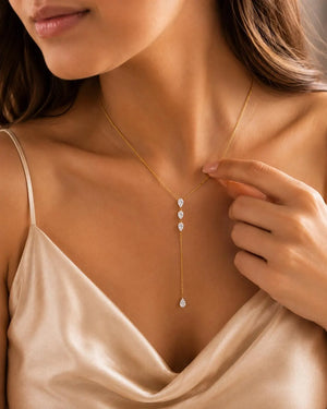 14K Solid Gold 4 Pear Diamond Lariat Necklace, Minimalist Y Drop Necklace, Teardrop Dainty Diamond Jewellery, Gift for Her, DANGLING CARAT