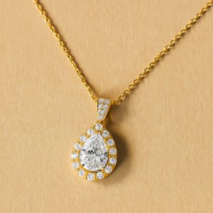14K Yellow Gold Pear Pendant Necklace, Teardrop Halo CZ Pendant