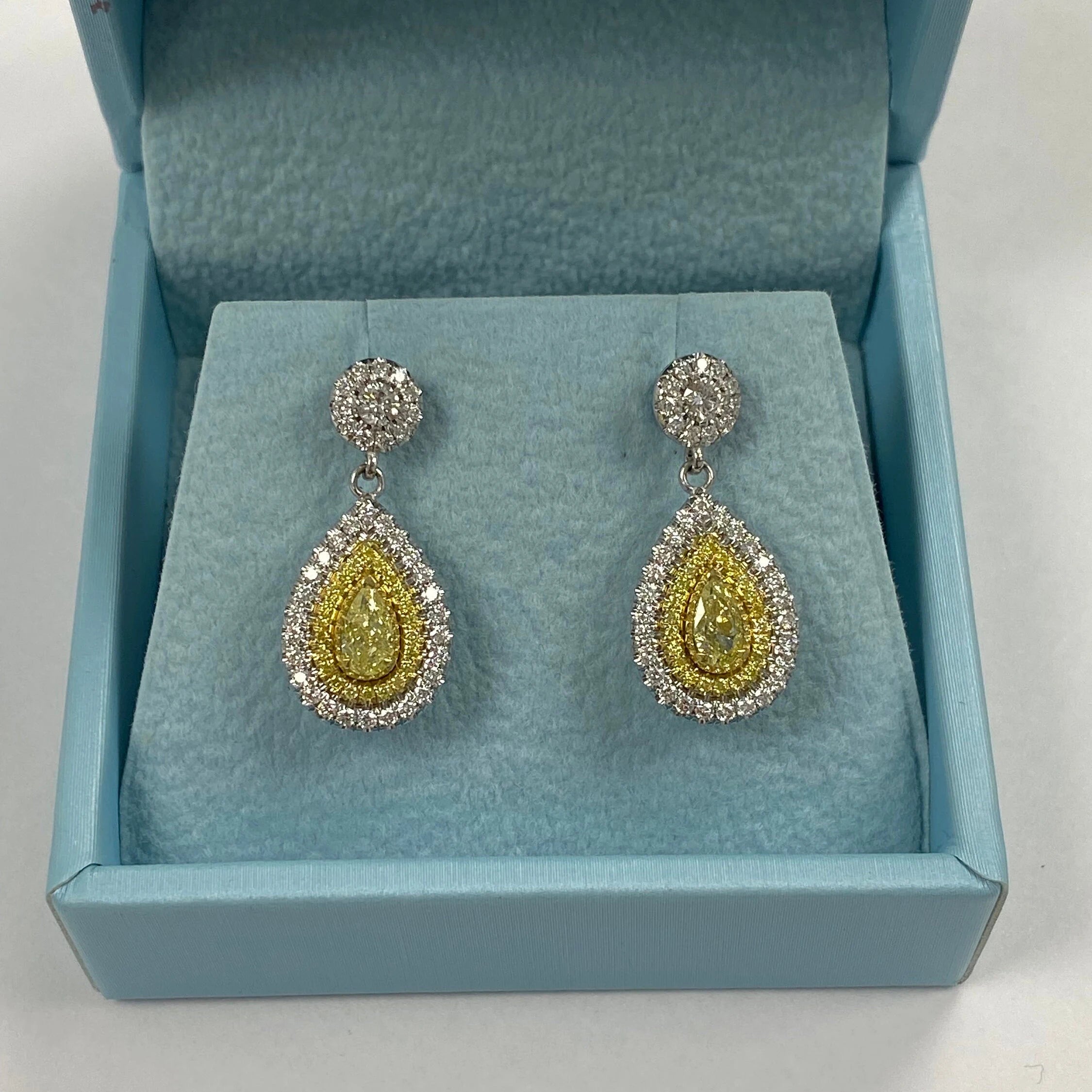 1.62Ct Fancy Yellow Pear Diamond Drop Earrings, 14K White Gold
