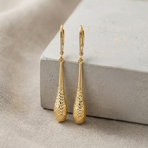 Teardrop Earrings— 14K Yellow Gold Diamond Cut, 1-3/4 Inch Leverback Drop Dangles
