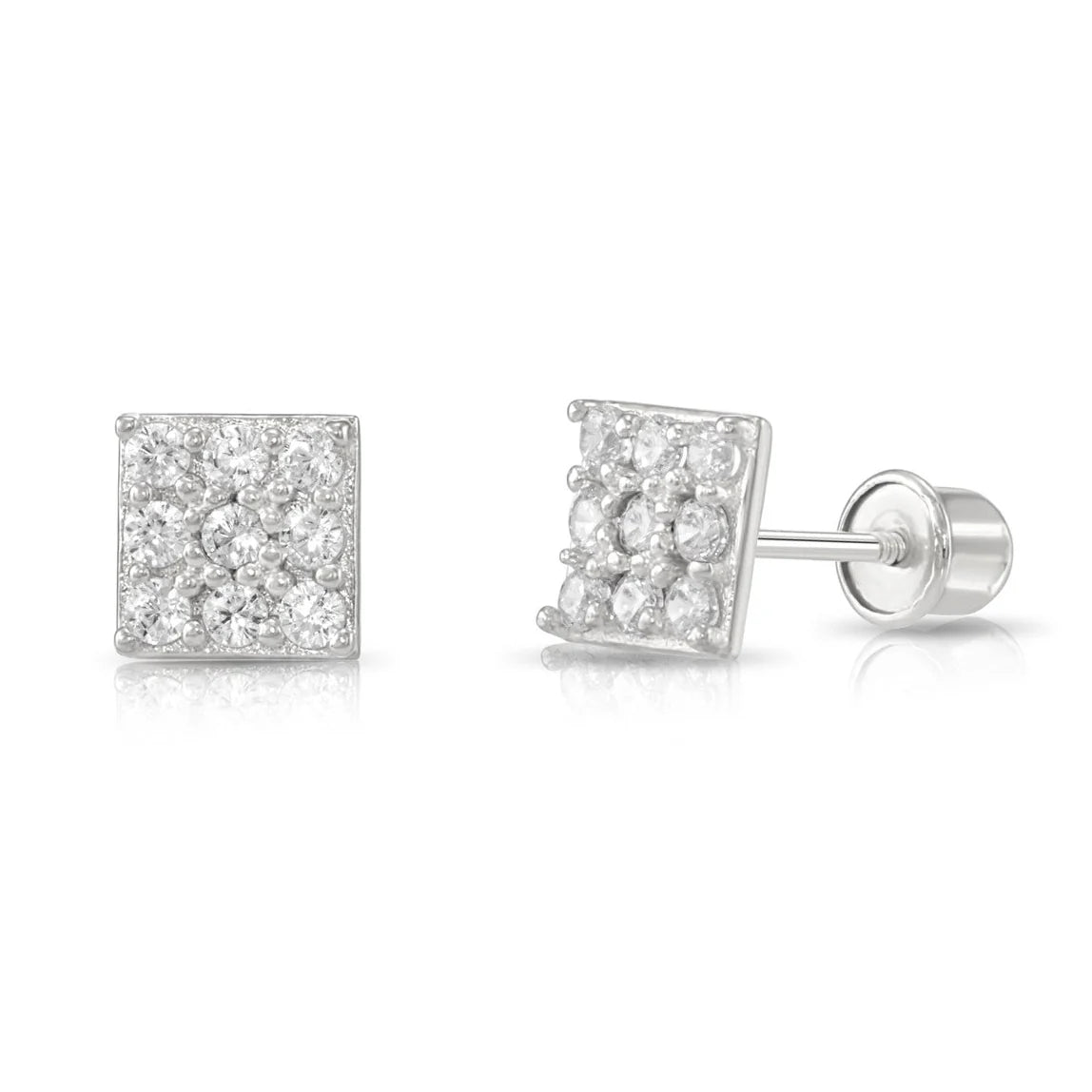 14K Gold Square CZ Stud Earrings, Screwback