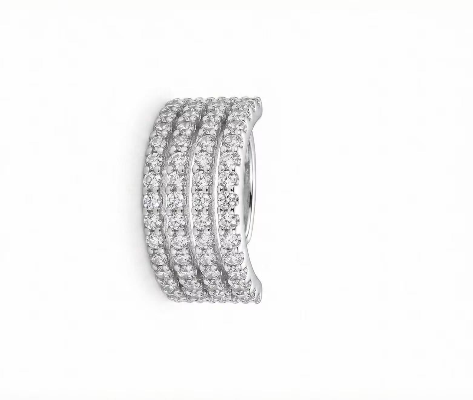 Silver Multi-Band Ear Cuff, No Piercing Sparkling Cartilage Hoop, 4-Row Pave Diamond Conch Earring