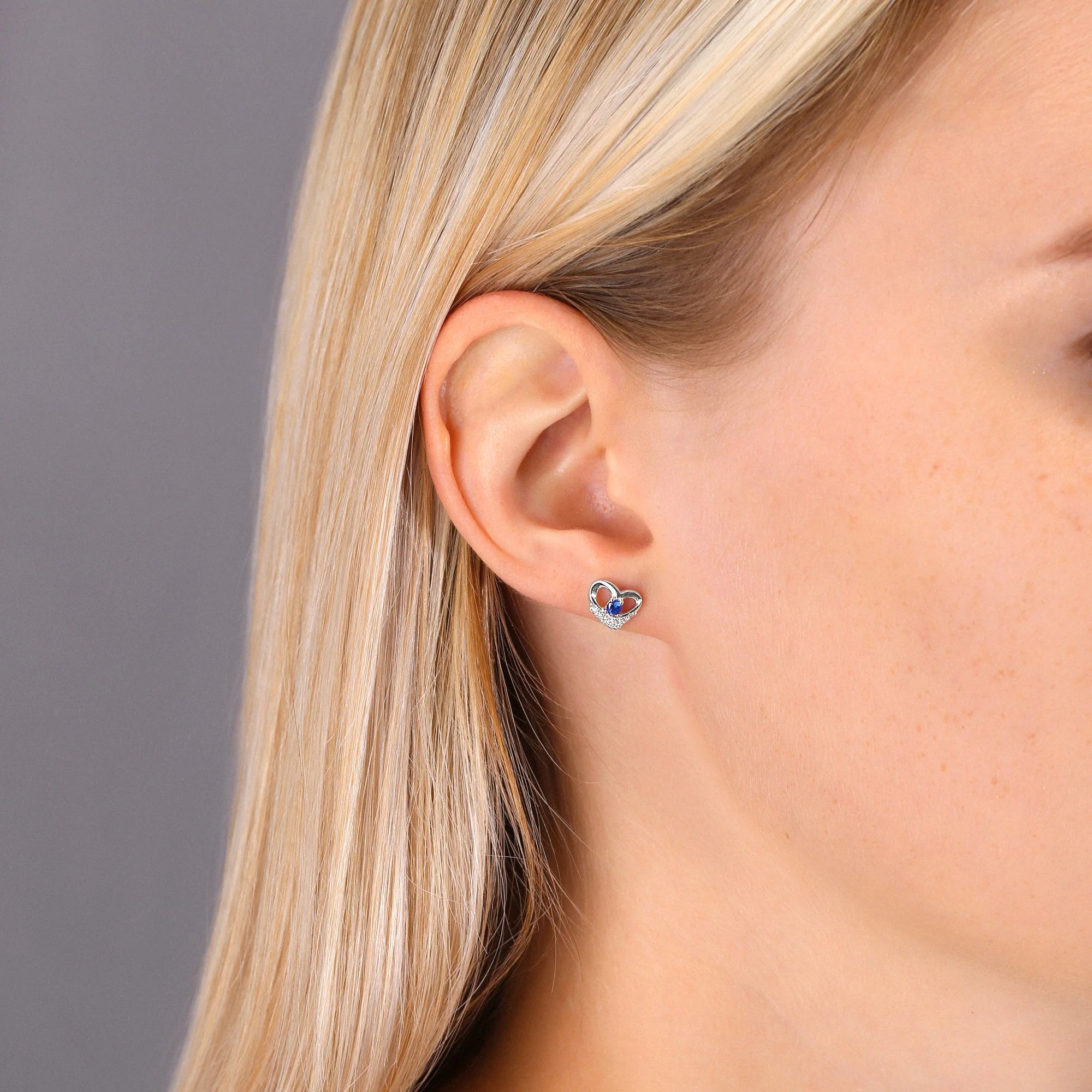 CZ Heart Stud Earrings with Blue Stone in Sterling Silver