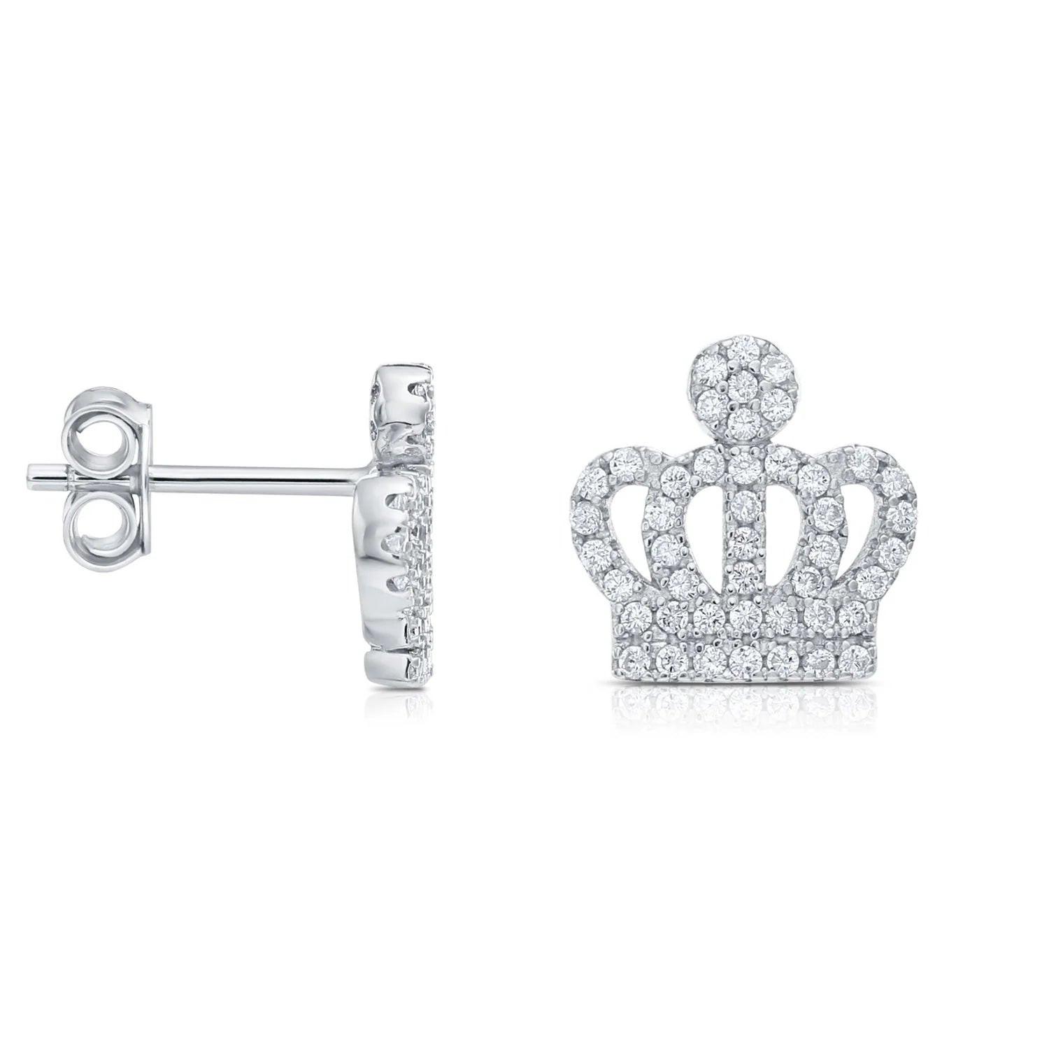 Elegant CZ Royal Crown Sterling Silver Stud Earrings.
