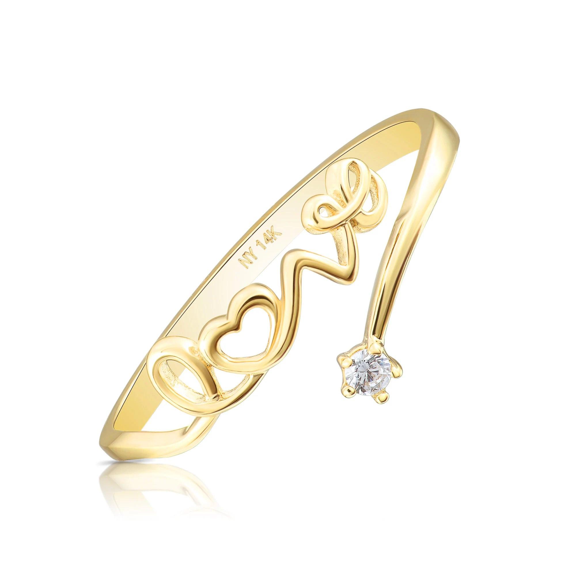 Dainty 14K Yellow Gold Love Script Ring with Simulated Diamonds - Perfect Stackable Gift for Her.