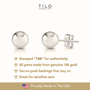 14K White Gold Classic Ball Stud Earrings with Pushbacks