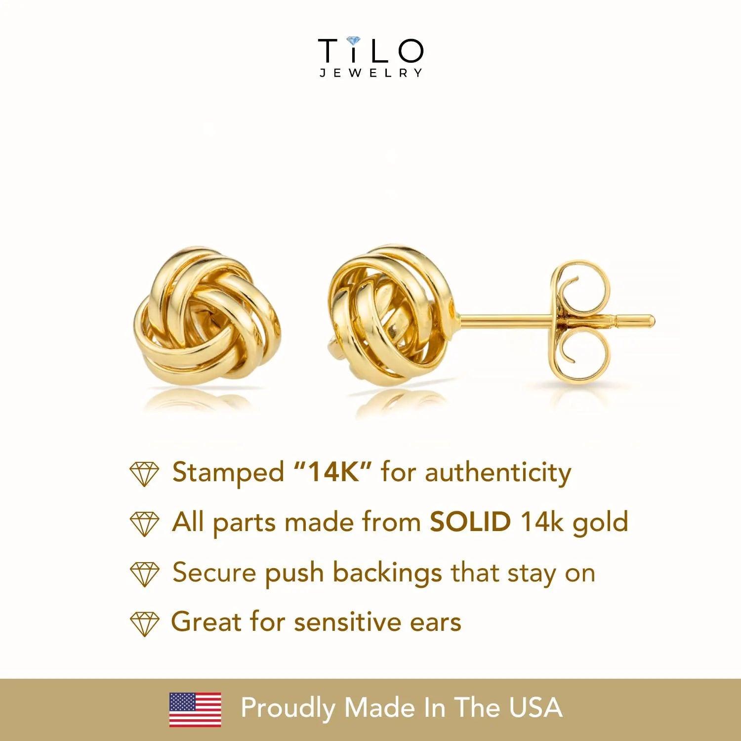 14K Solid Gold Love Knot Stud Earrings - 7mm Polished Design for Love and Unity.