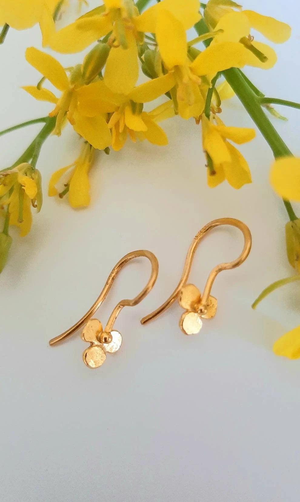 Elegant Handmade 24K Solid Gold Tiny Flower Dangle Earrings - Perfect Gift for Birthdays and Everyday Luxury.