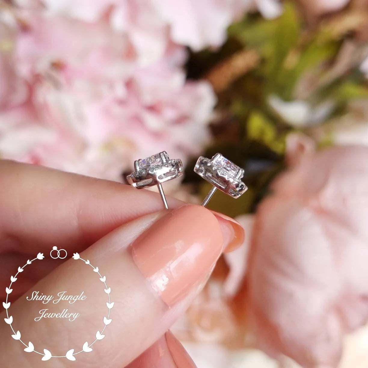 Diamond Stud Earrings, Delicate Halo Diamond Simulant Studs, 14K White Gold and Rose Gold Plated Sterling Silver, Birthday Gift with Box