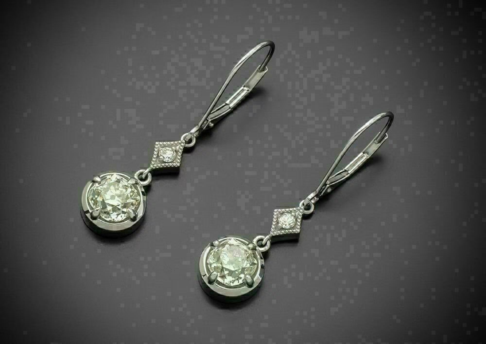 Old Mine Cut Moissanite Diamond Lever Back Drop Earring, 14K White Gold Delicate Drop Earring, Vintage Art Deco Drop Dangle Earring for Her