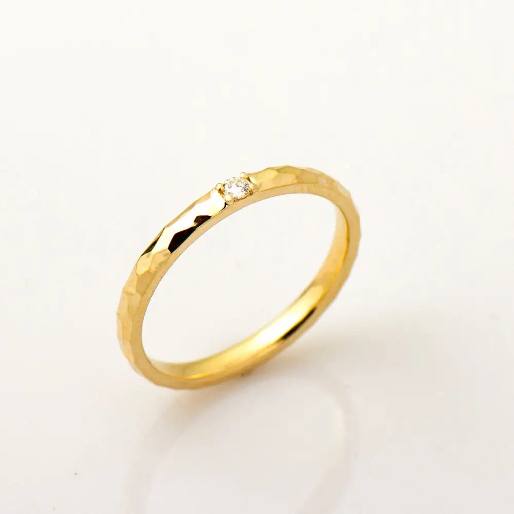 2 Mm Hammered Textured Ring, Single Diamond Ring, 14K / 18K Yellow Gold, Stack Diamond Band, Tiny Diamond Ring, Wedding Band, Promise Ring