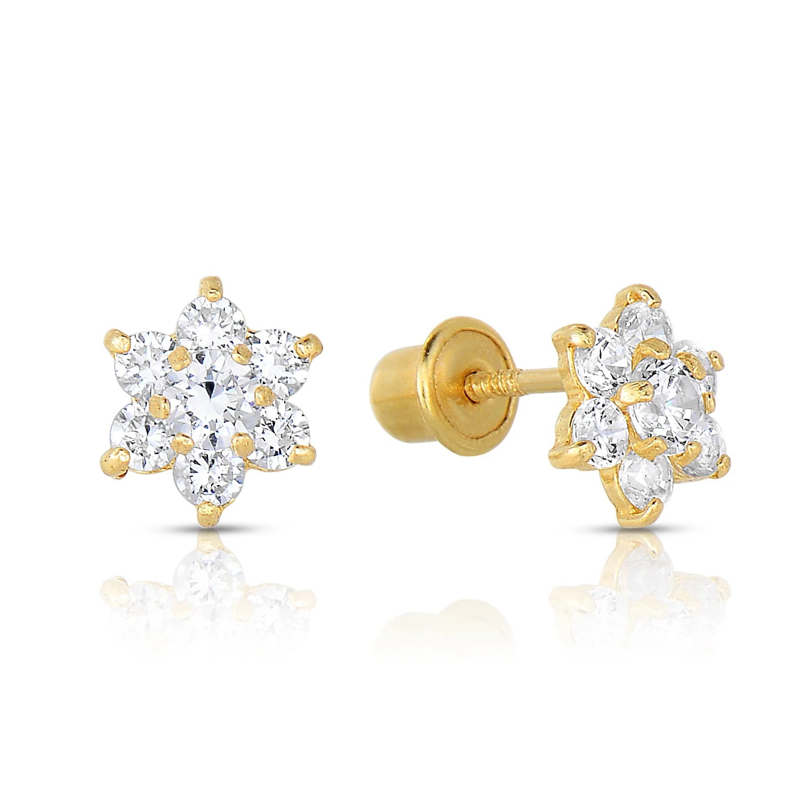 14K Yellow Gold Birthstone Halo Flower Stud Earrings, Available in 12 Colors