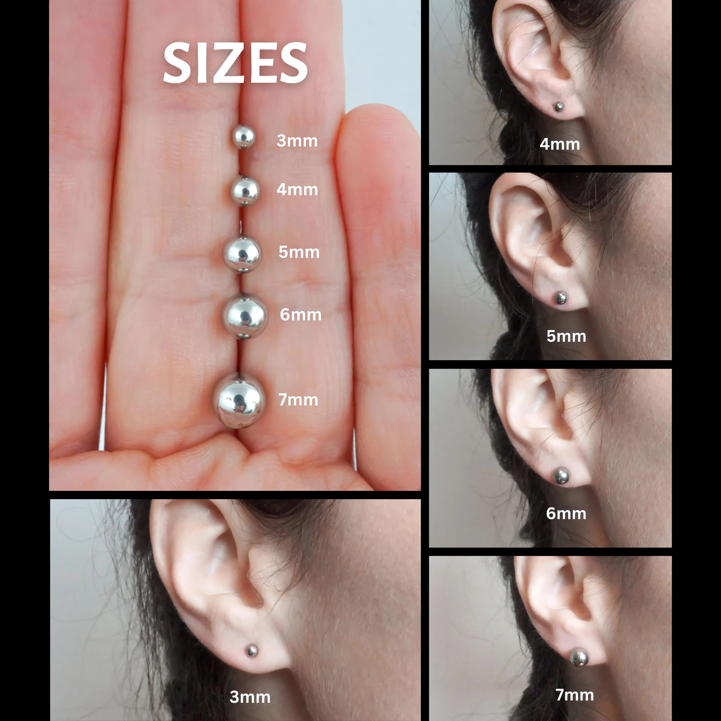 Minimalist Ball Stud Earrings: Stainless Steel Silver, Gold, Rose Gold, Black (3-7Mm)