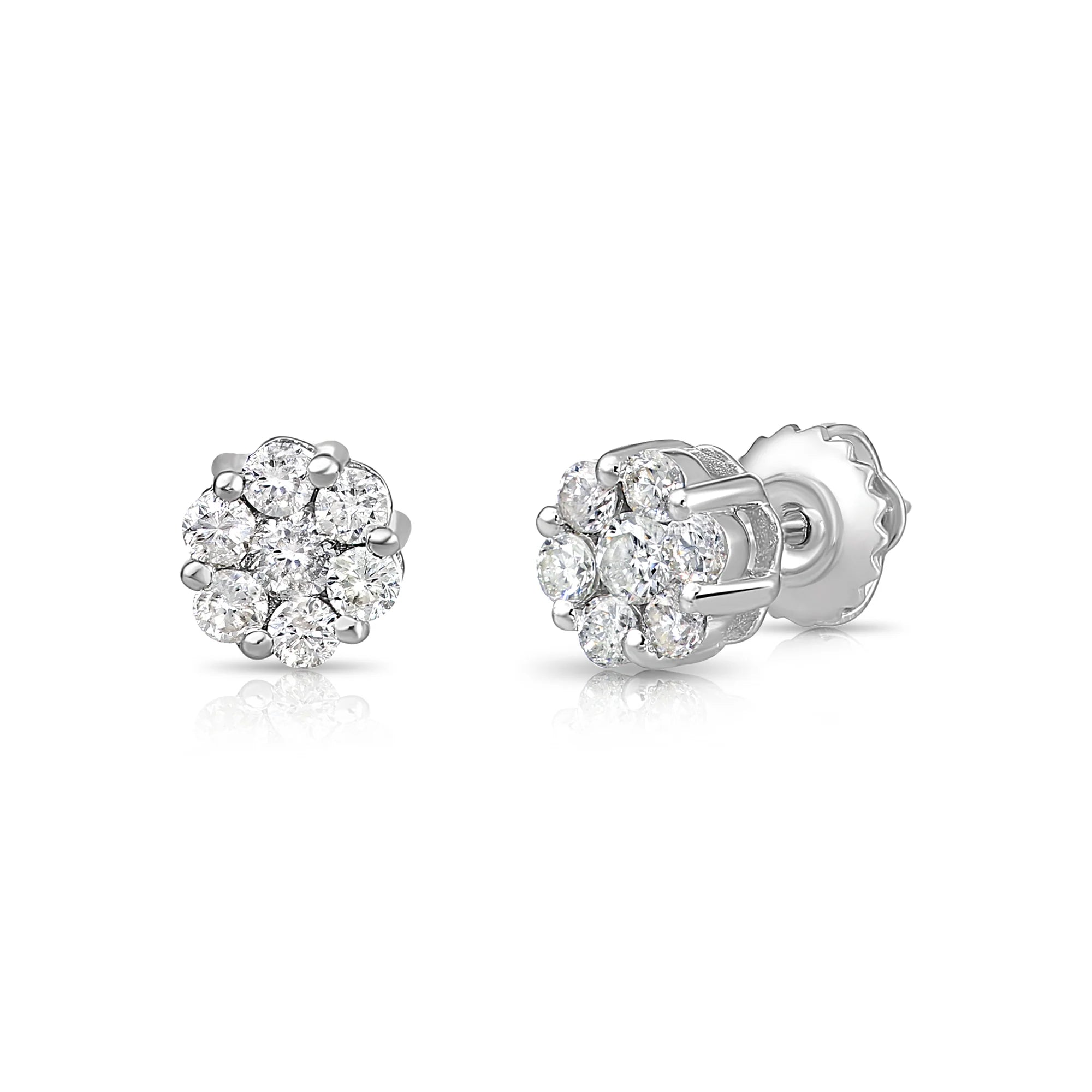 14K White Gold Diamond Cluster Stud Earring with Screw-Back, 0.50 Carats