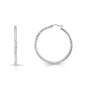 Stunning 925 Sterling Silver Hand Engraved Diamond Cut X-Pattern Round Hoop Earrings.