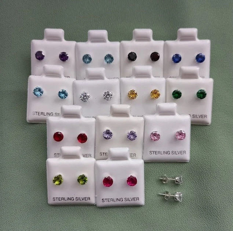 925 Sterling Silver 2-8Mm round Birthstone Colour CZ Cubic Zirconia Stud Earrings + Black Velveteen Gift Bag *Free UK Delivery*