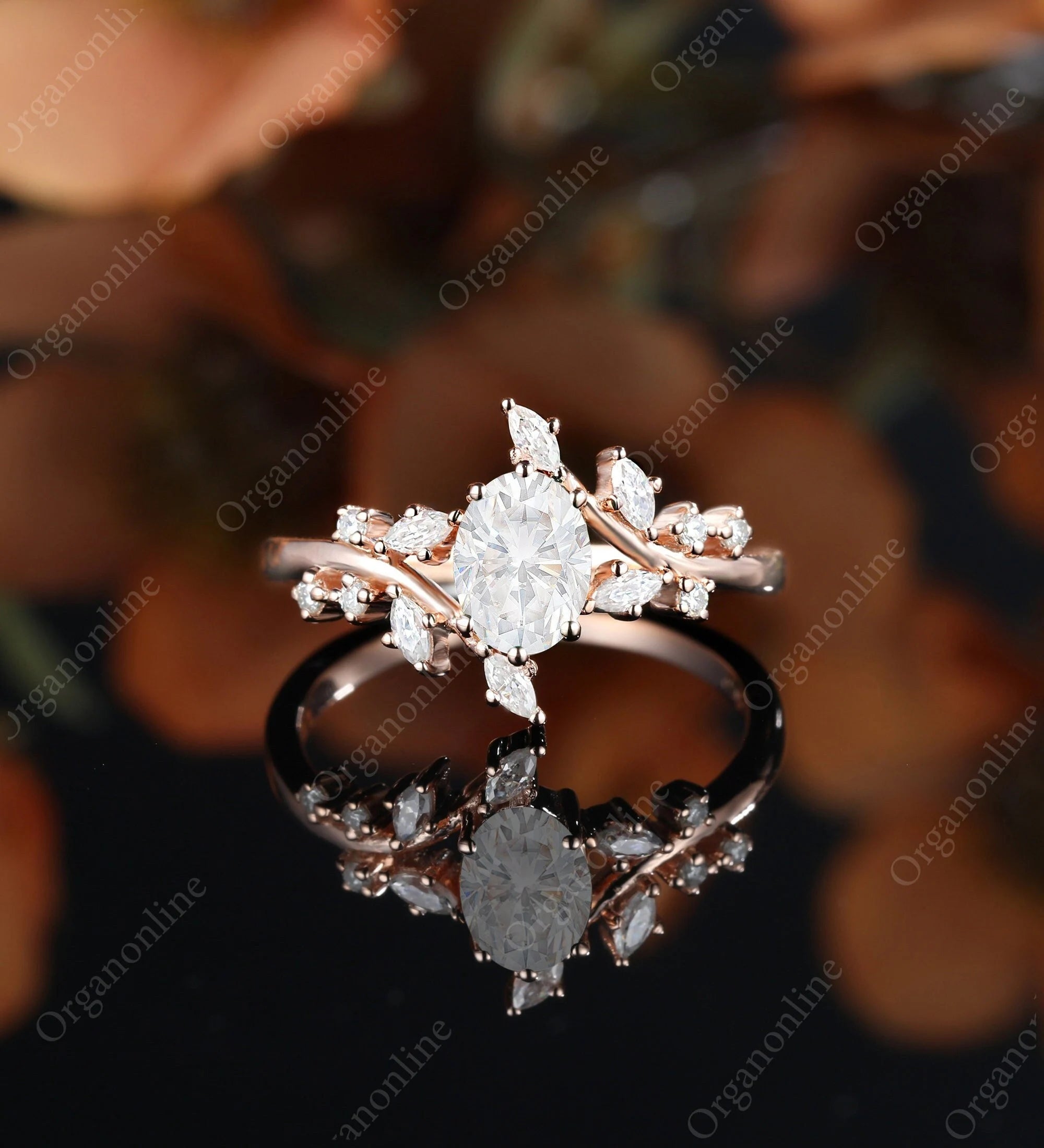 Oval Moissanite Engagement Ring Vintage Unique Marquise Cut Diamond Cluster Ring Rose Gold Engagement Ring Leaf Ring Bridal Ring Anniversary