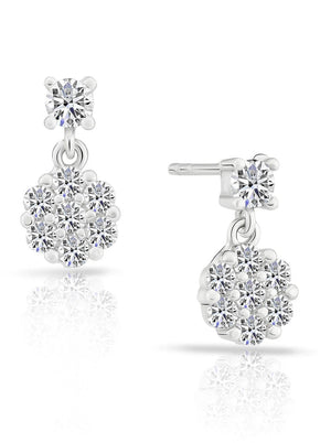 Sparkling CZ Flower Dangle Stud Earrings in Elegant Sterling Silver.