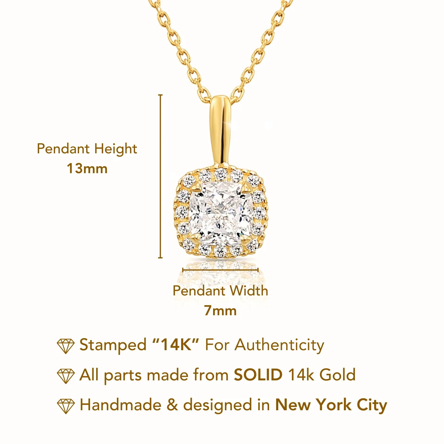 14K Yellow Gold Cushion-Cut Pendant Necklace, with 18" Cable Chain