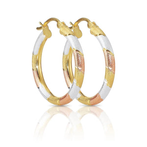 Trendy Tricolor Sterling Silver Diamond-Cut Hoop Earrings - 1 Inch Textured Sparkle Design.