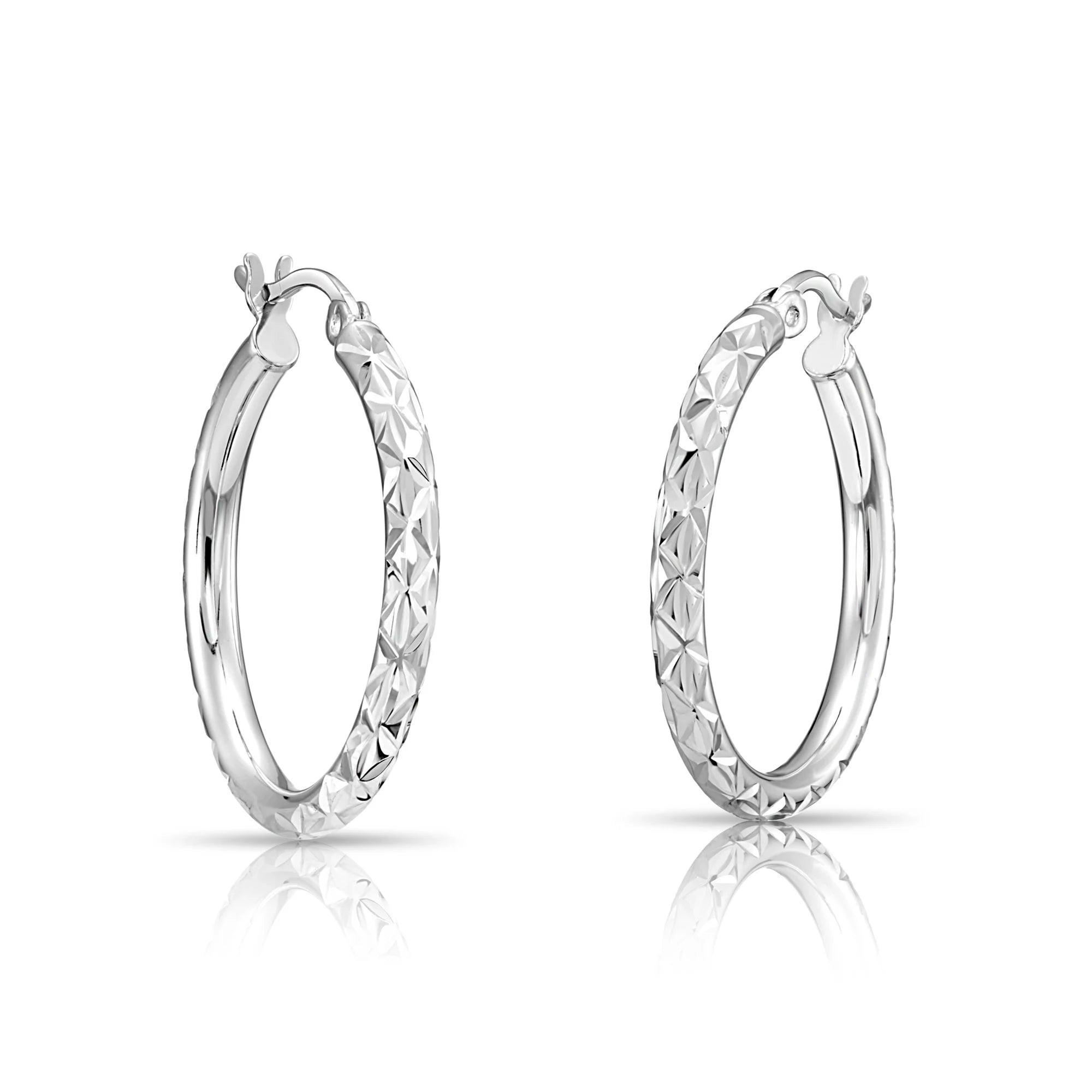 Stunning 925 Sterling Silver Hand Engraved Diamond Cut X-Pattern Round Hoop Earrings.