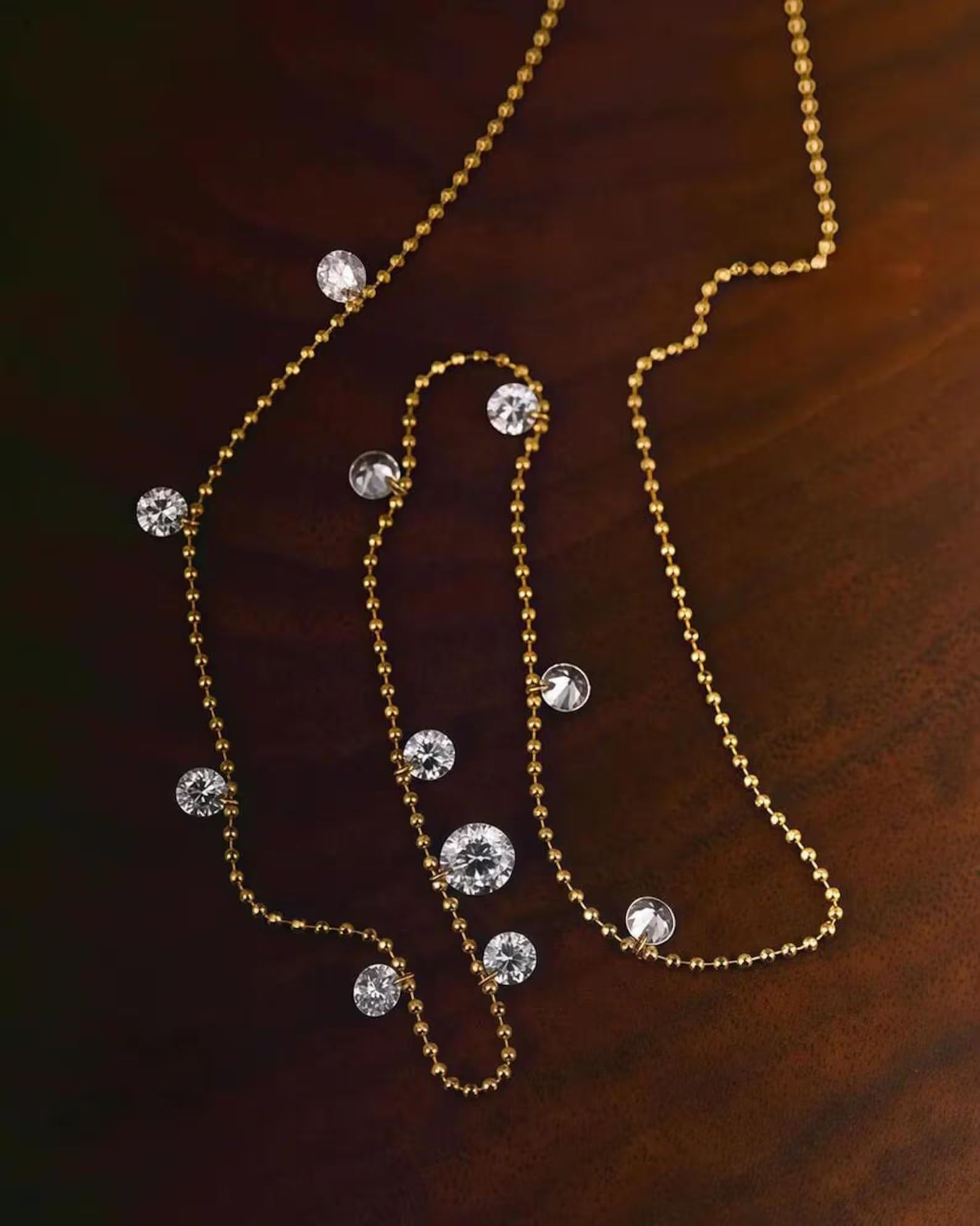 18K Solid Gold Diamond Station Necklace, Dainty Dangling Diamond Necklace, Minimal Drop Necklace, Everyday Wear Fine Jewelry Gift for Women.
